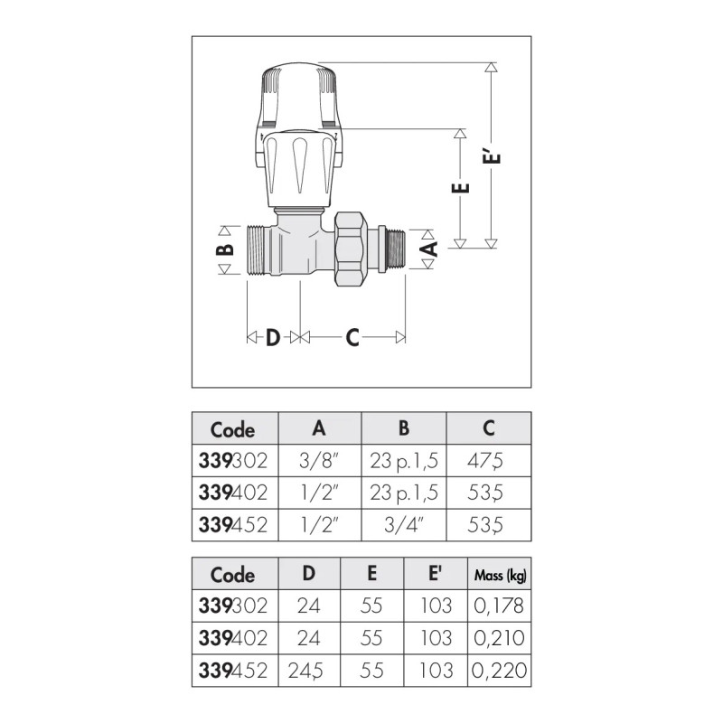 VALVOLA DIRITTA TERMOSTIZZABILE  3/8" M23x1,5 CALEFFI 339302